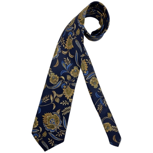 DION Navy Floral Leaf Silk DESIGNER Tie HANDMADE CANADA - Picture 1 of 4